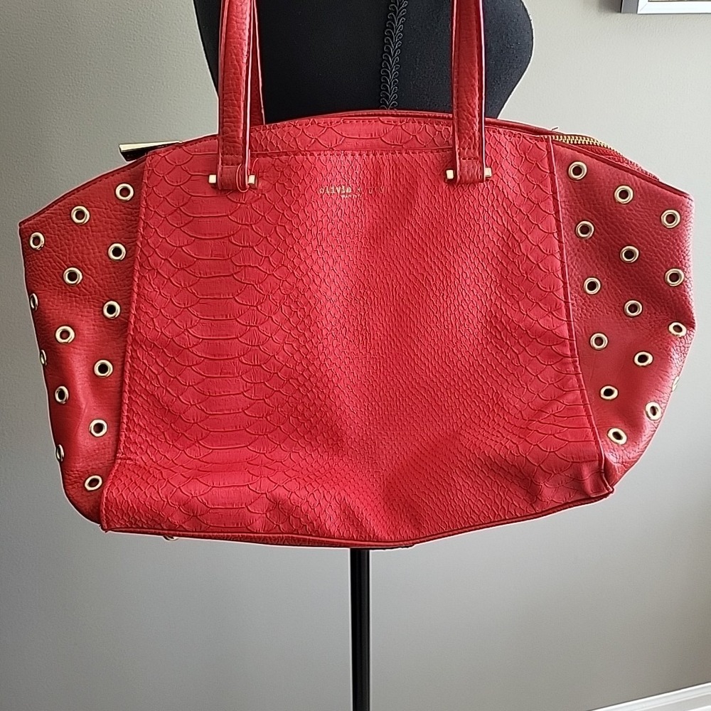 Olivia + Joy Red Faux Snakeskin Shoulder Bag Gold Grommet Hardware Purse Handbag